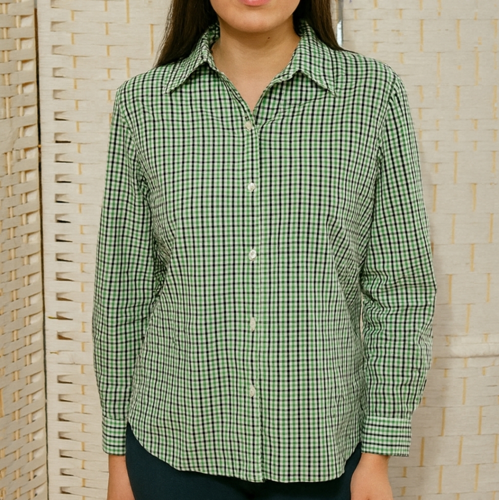 Liz Claiborne Liz Sport Navy, Green, & White Check Button Down Boyfriend Shirt